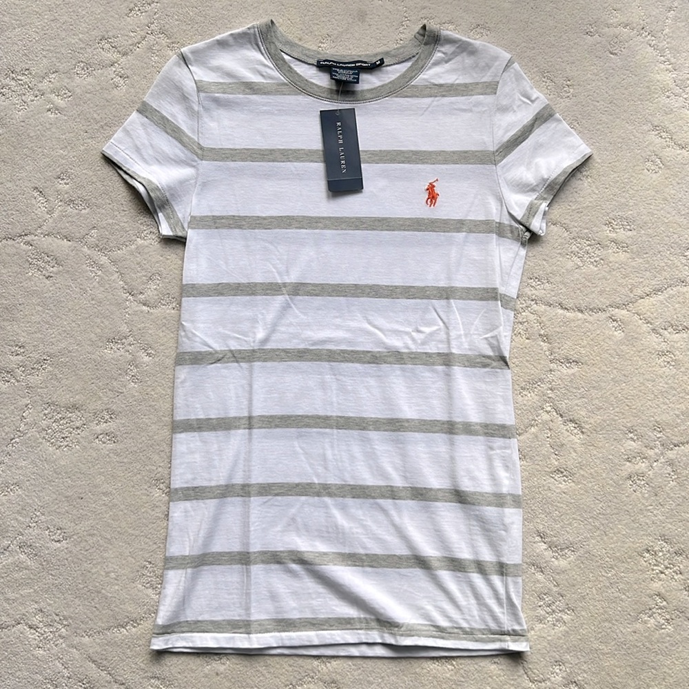 NWT Gray & White Stipe Crewneck Ralph Lauren Tee